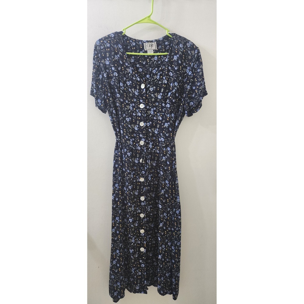 Vintage DJI Navy Blue Floral Rayon Button Front Midi Dress Size 8 91684